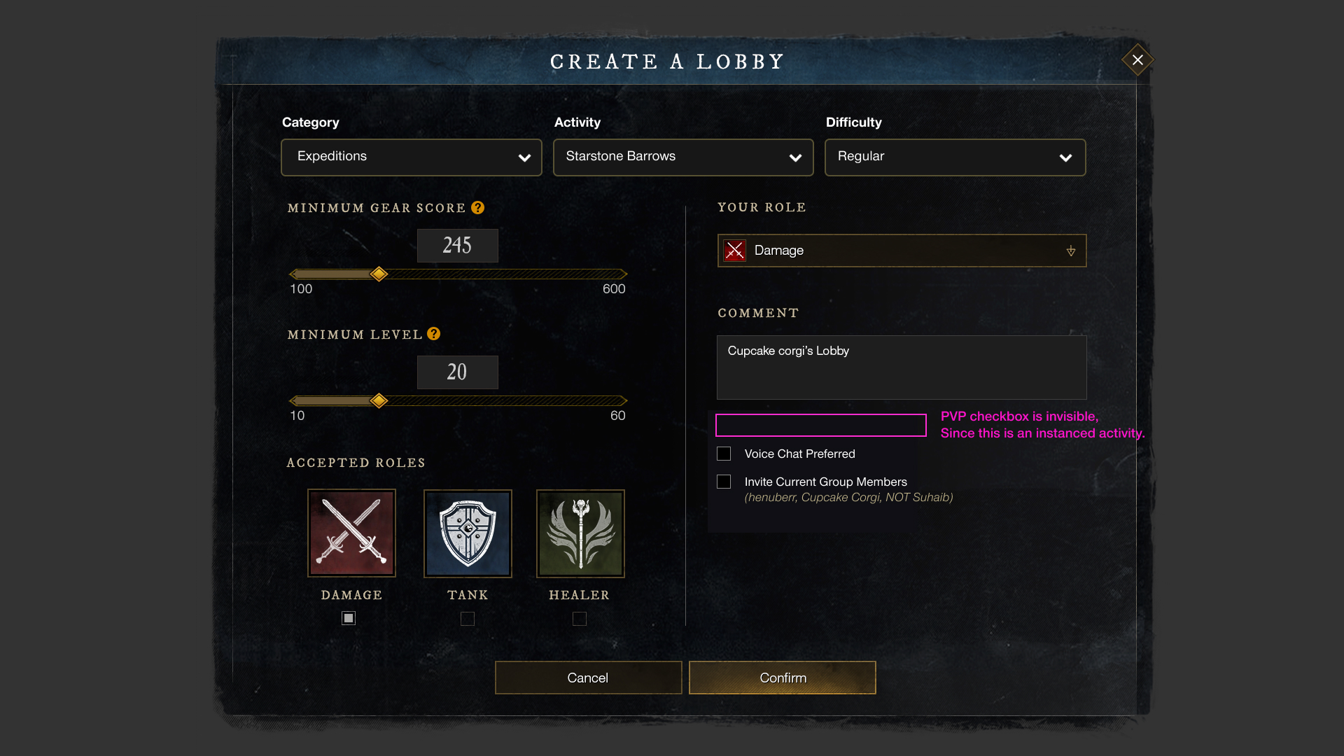 Create Lobby popup (Expedition selected)