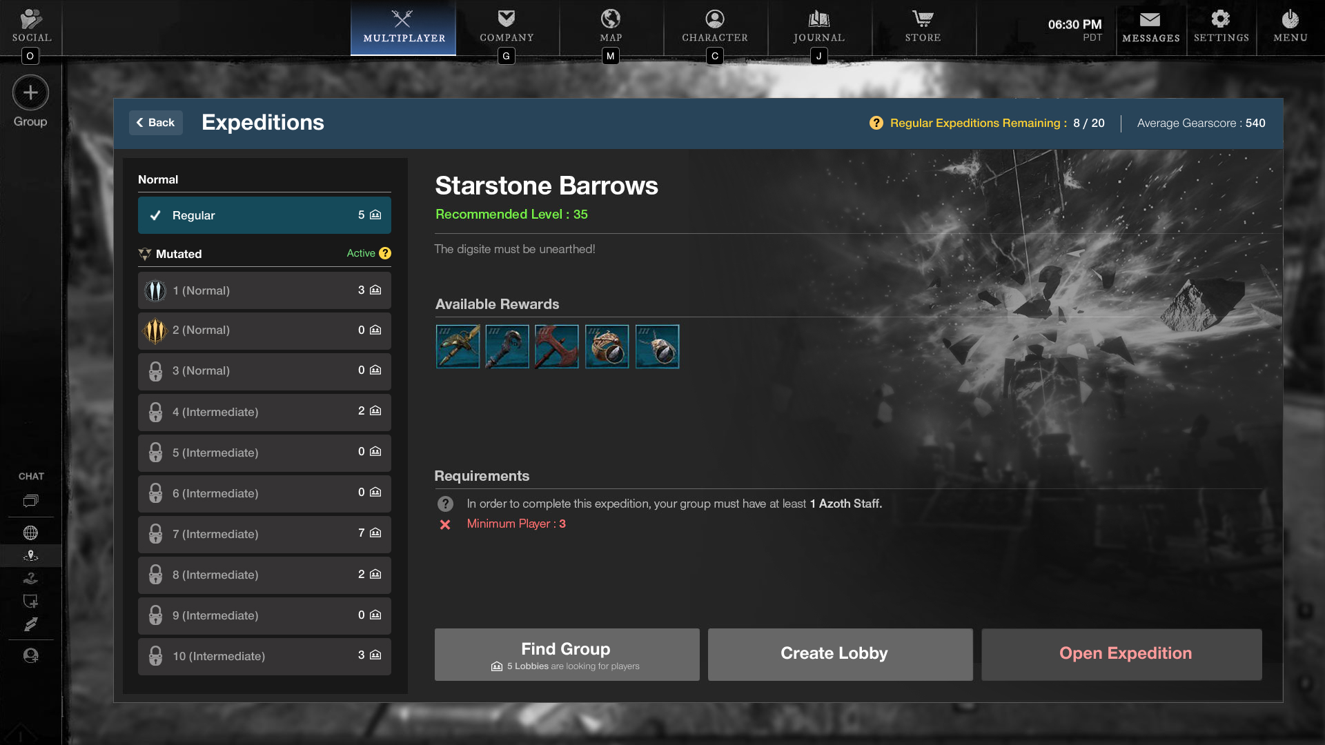 Expeditions screen, Starstone