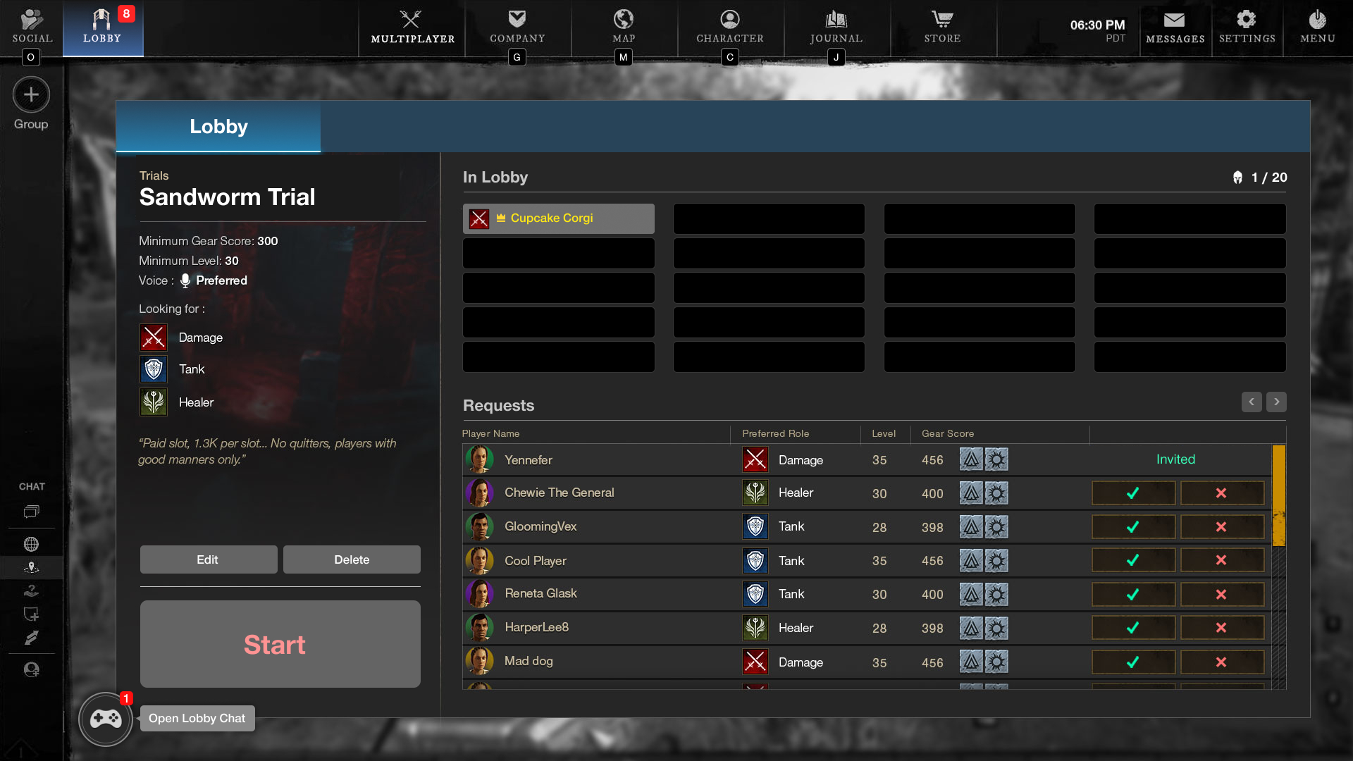 Lobby (raid, creator, pending)